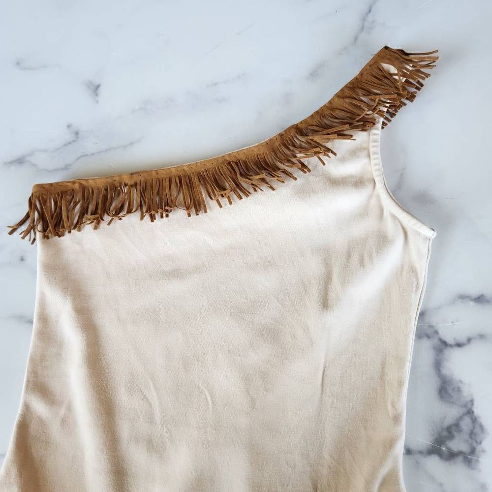 Pocahontas one shoulder tan beige bodysuit cotton fringe trim tribal costume
